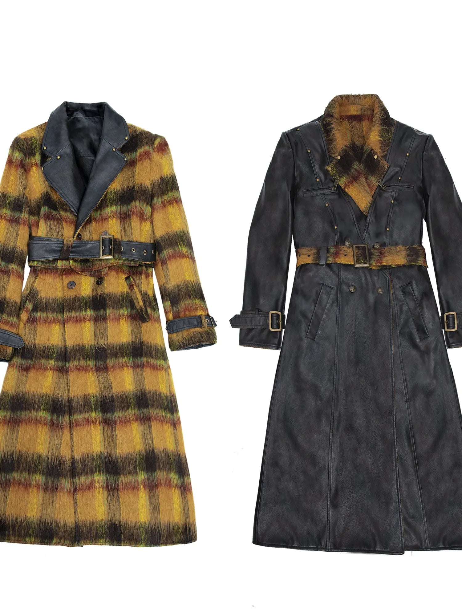 Vintage Reversible Plaid Leather Coat Long Wool Trench Coat