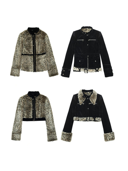 Vintage Punk Detachable Short Jacket With Leopard Fur Coat