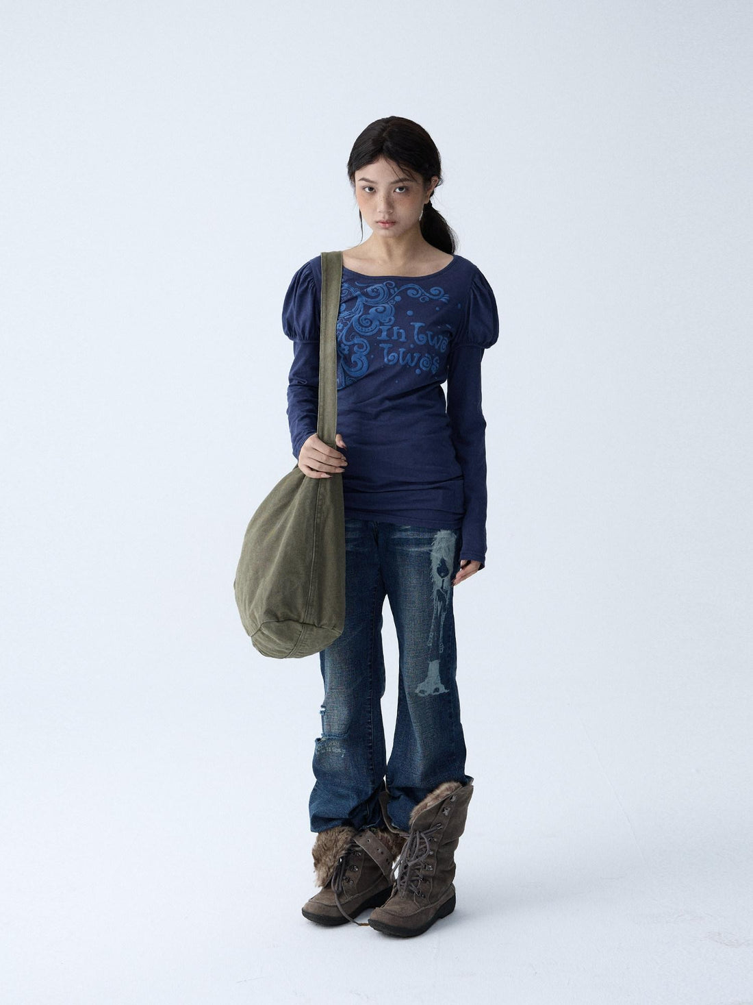 in two twos Blue Puff Sleeve Faux Layered Letter Print Women&