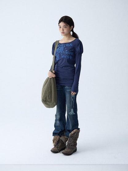 in two twos Blue Puff Sleeve Faux Layered Letter Print Women&