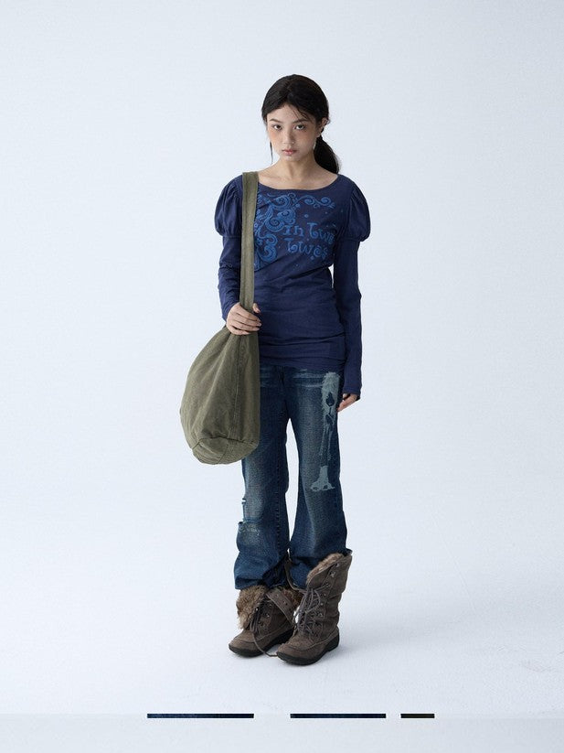 in two twos Blue Puff Sleeve Faux Layered Letter Print Women&