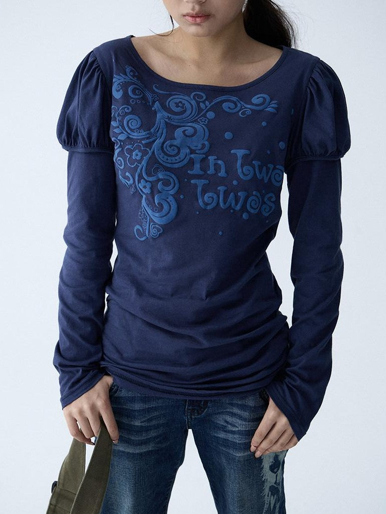 in two twos Blue Puff Sleeve Faux Layered Letter Print Women&