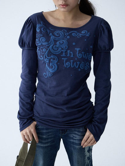 in two twos Blue Puff Sleeve Faux Layered Letter Print Women&