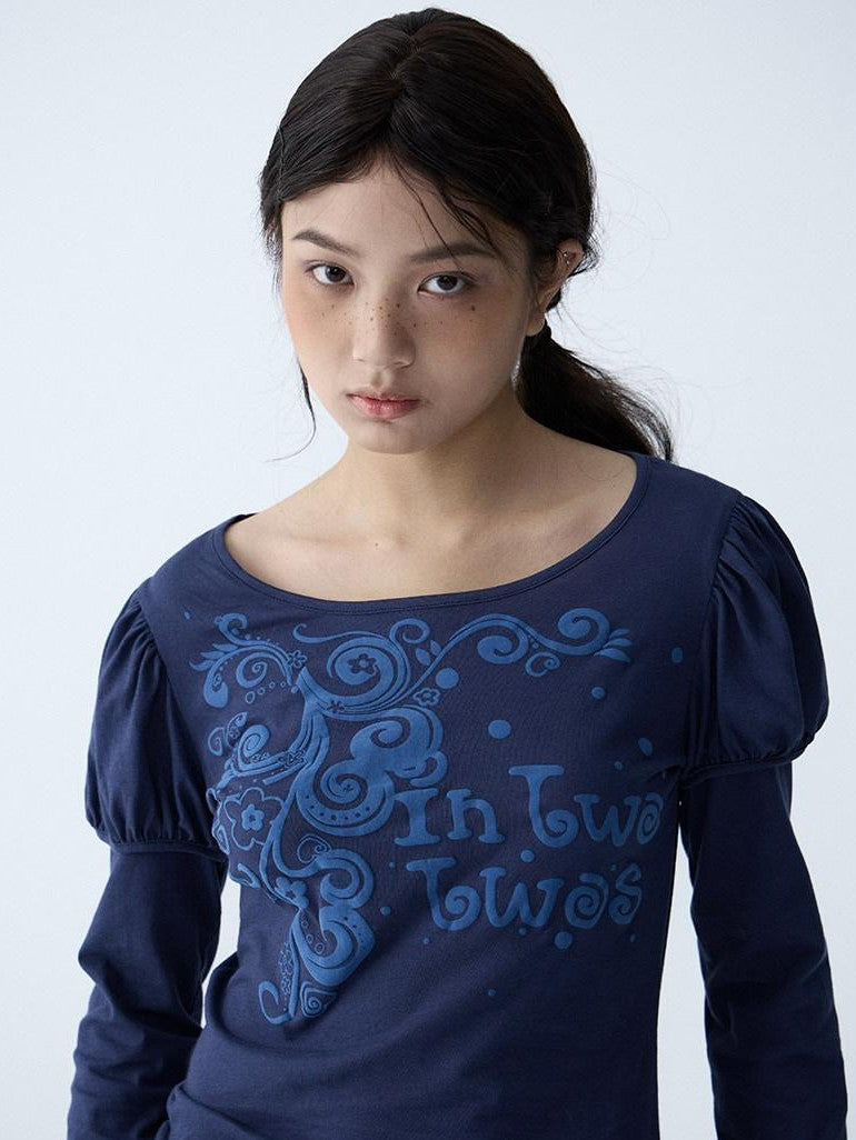 in two twos Blue Puff Sleeve Faux Layered Letter Print Women&