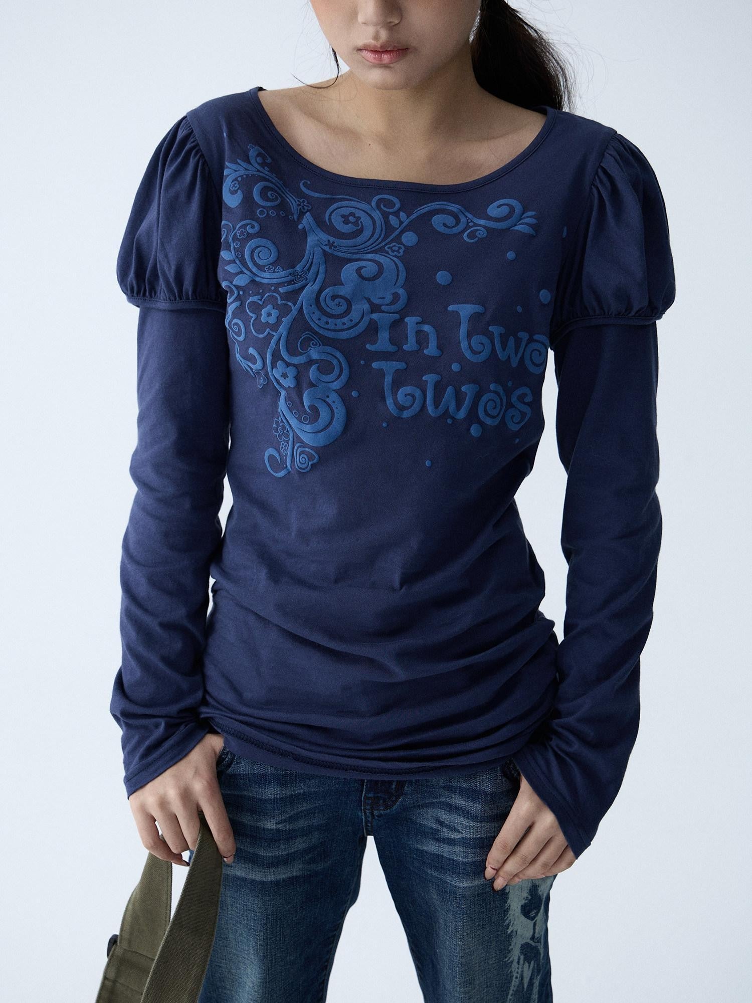 in two twos Blue Puff Sleeve Faux Layered Letter Print Women&