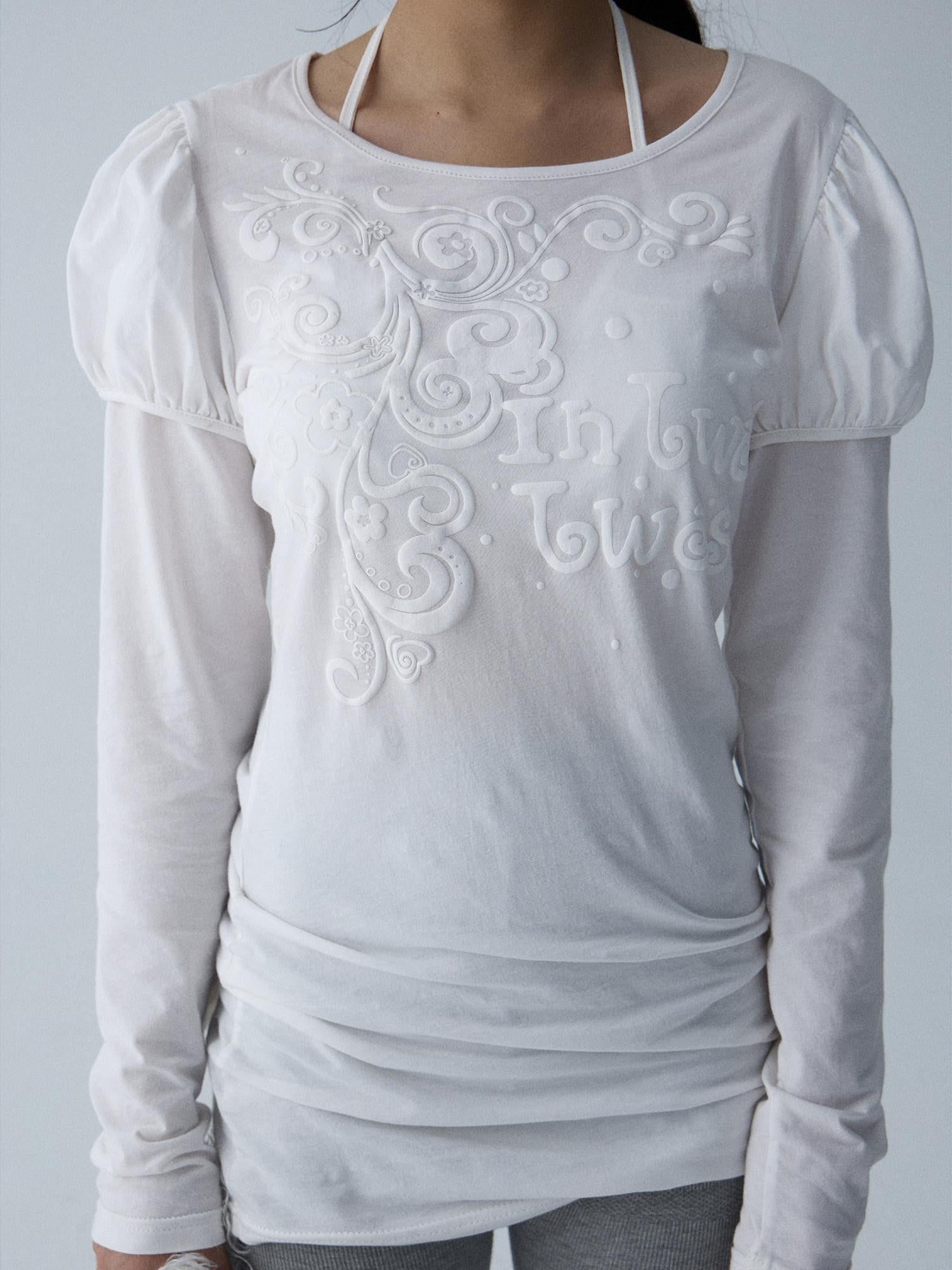 in two twos Blue Puff Sleeve Faux Layered Letter Print Women&