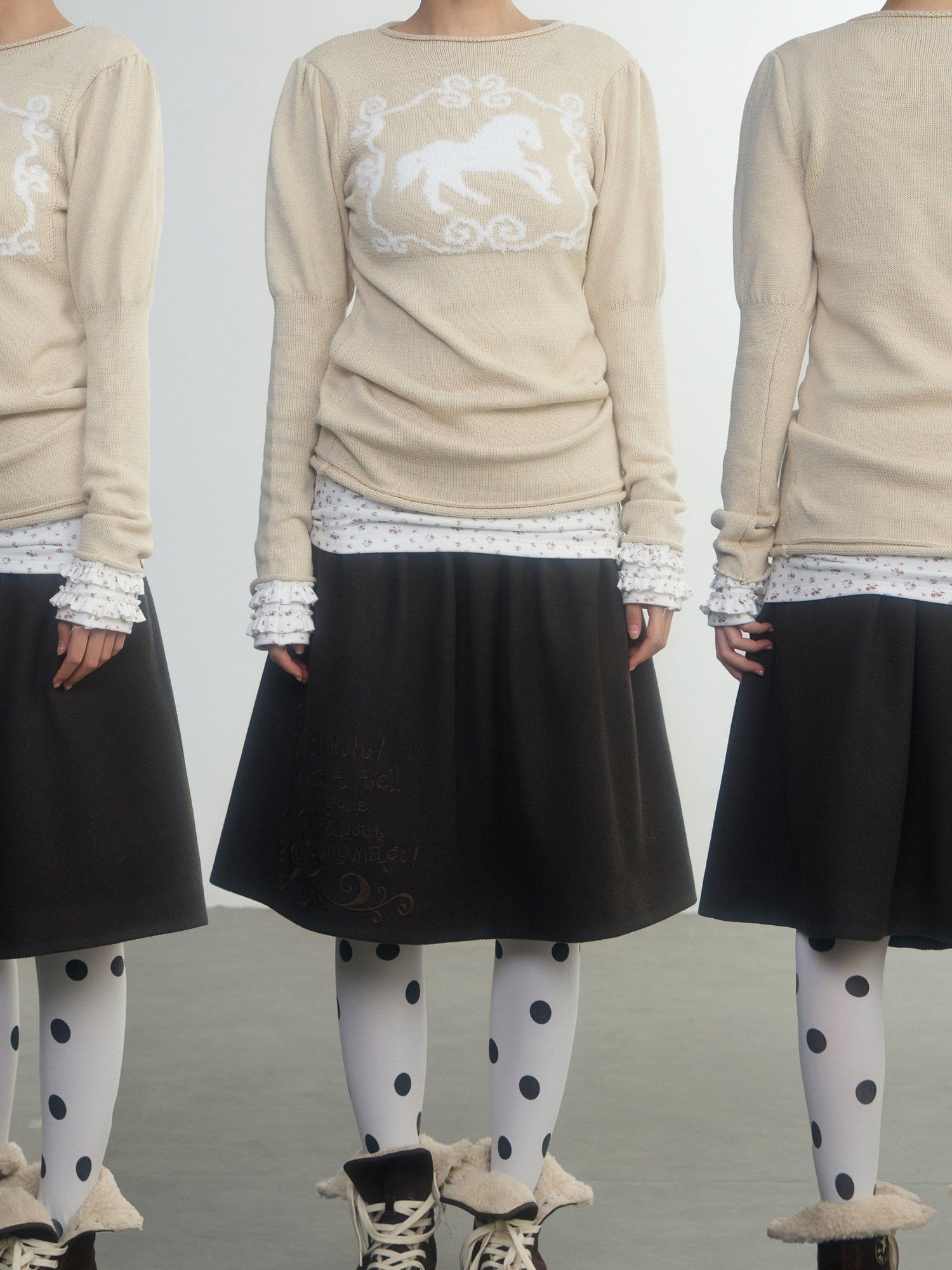 in two twos Pony Motif Puff Sleeve Faux Layered Women&