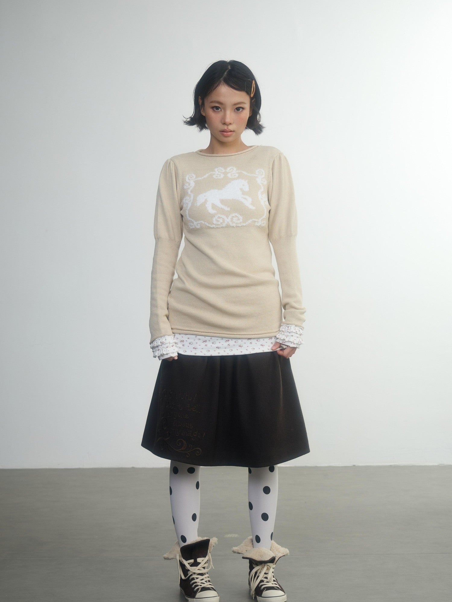 in two twos Pony Motif Puff Sleeve Faux Layered Women&