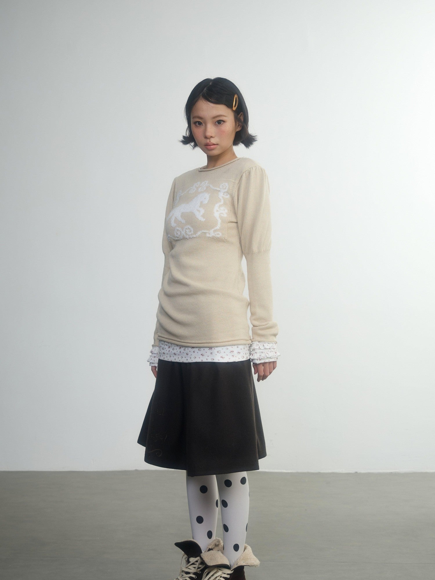 in two twos Pony Motif Puff Sleeve Faux Layered Women&