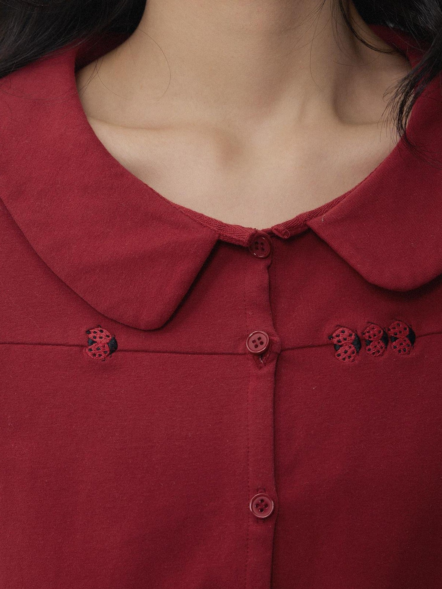 in two twos Red Beetle Embroidery Doll Collar Short Sleeve Women&