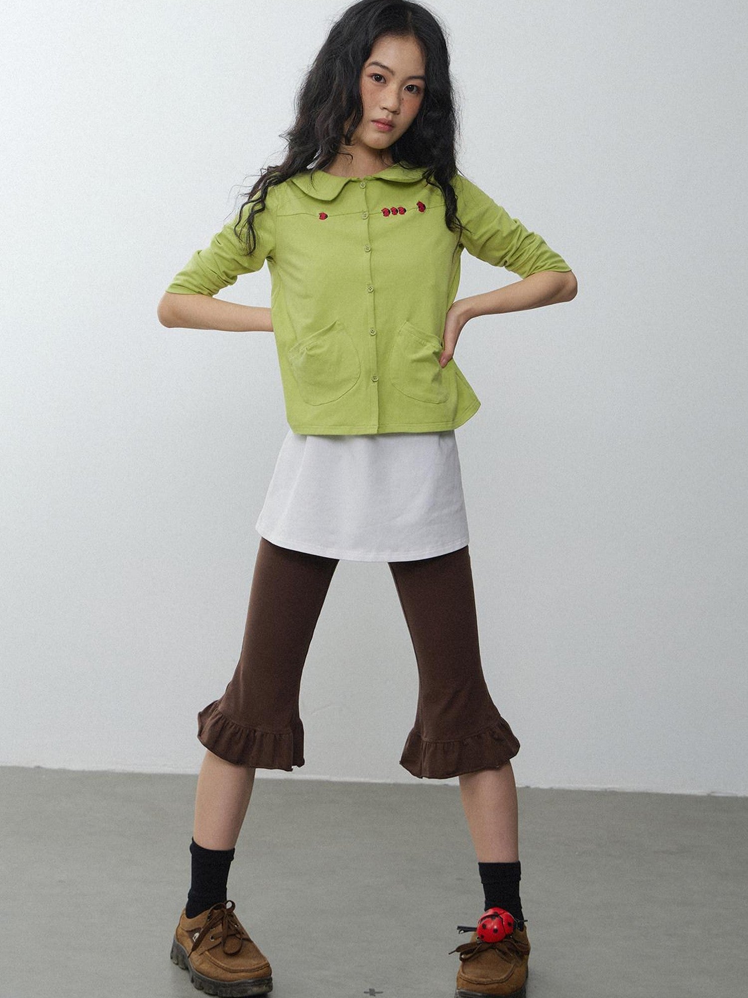 in two twos Red Beetle Embroidery Doll Collar Short Sleeve Women&