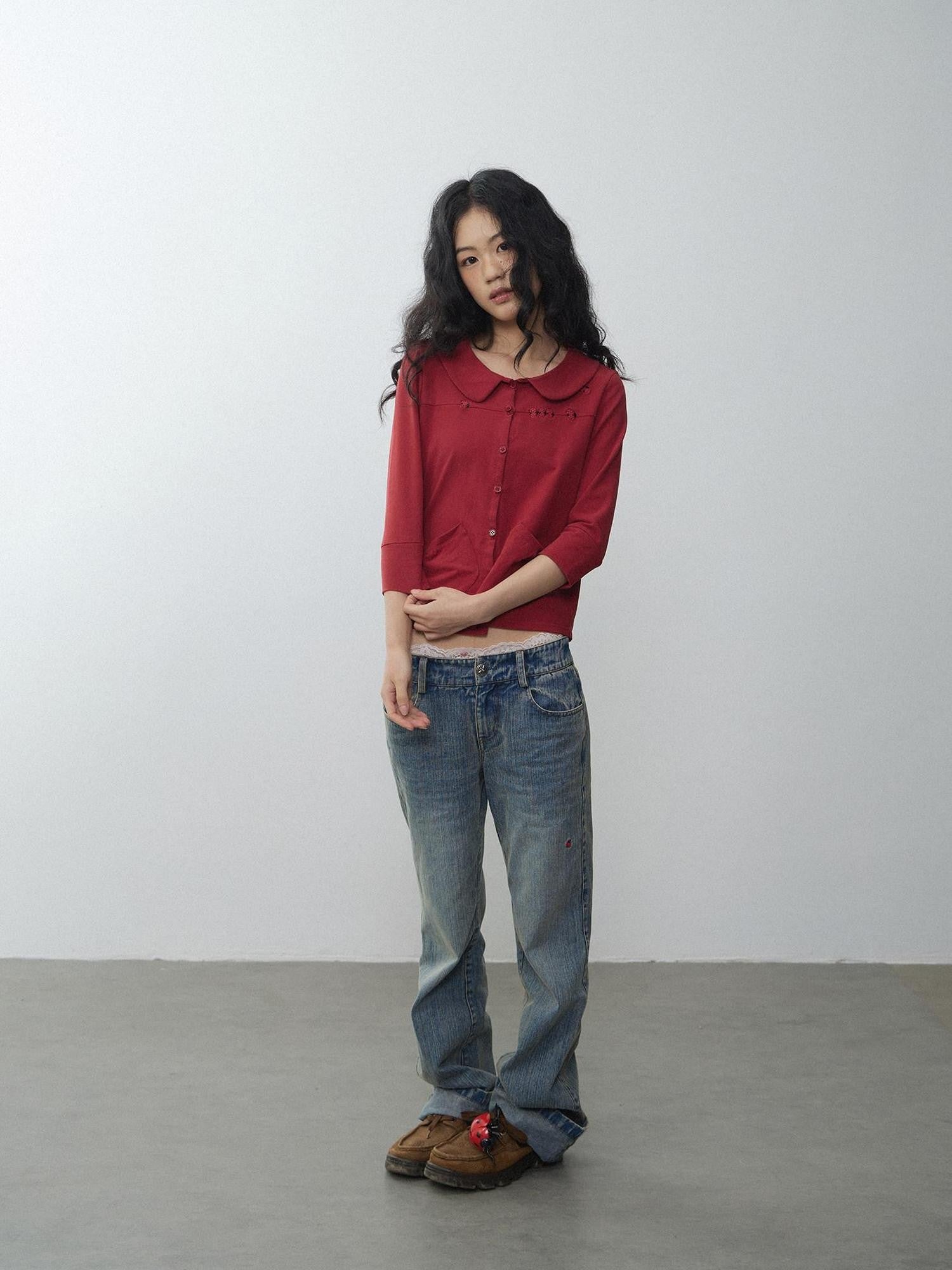 in two twos Red Beetle Embroidery Doll Collar Short Sleeve Women&