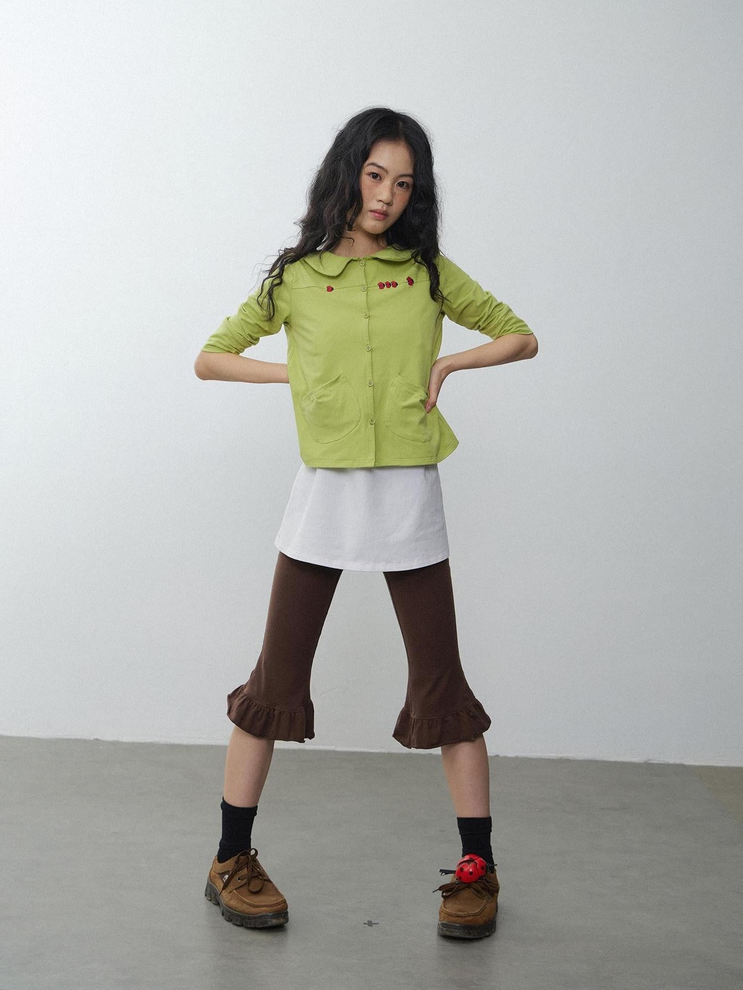 in two twos Red Beetle Embroidery Doll Collar Short Sleeve Women&