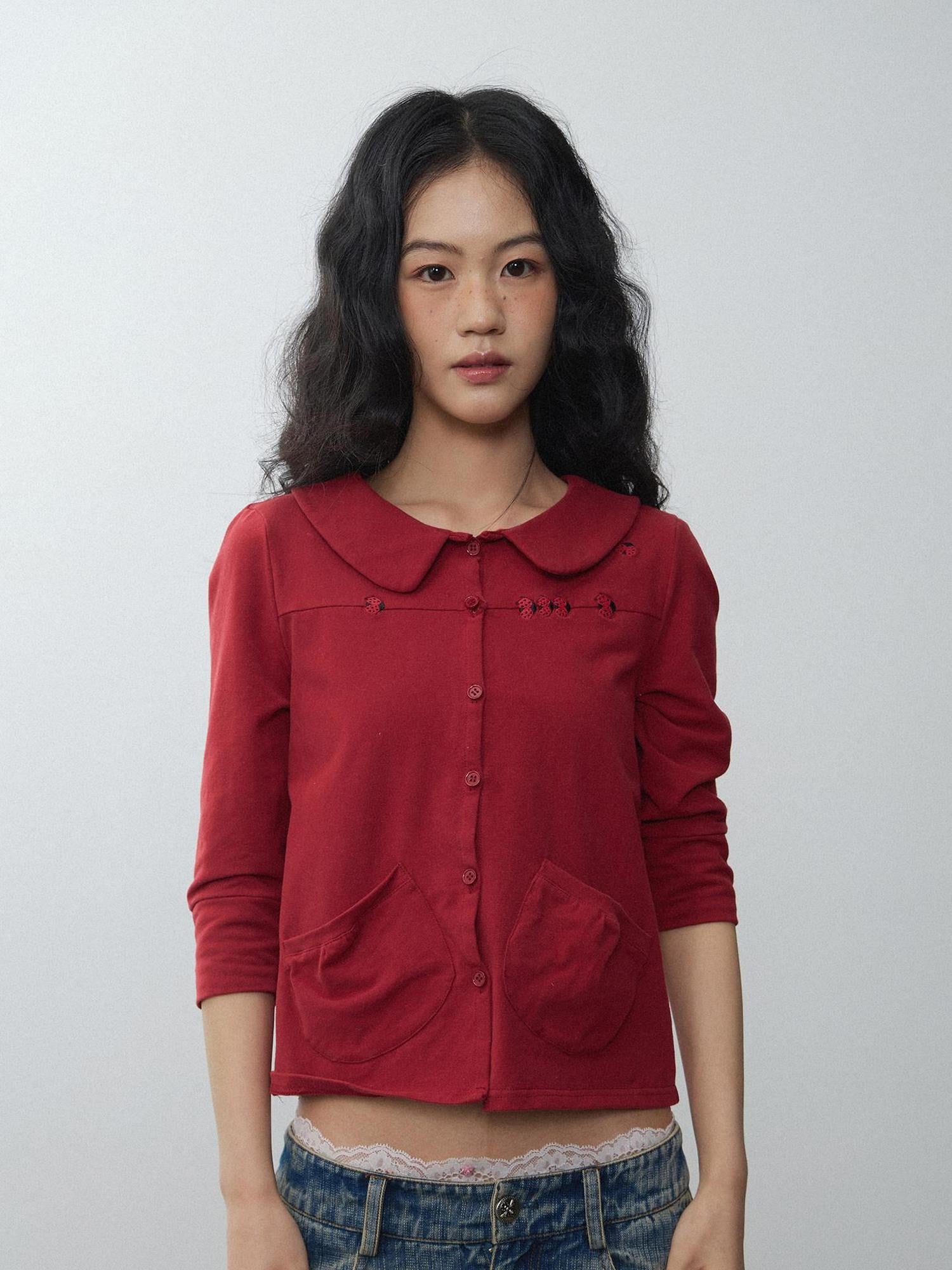 in two twos Red Beetle Embroidery Doll Collar Short Sleeve Women&