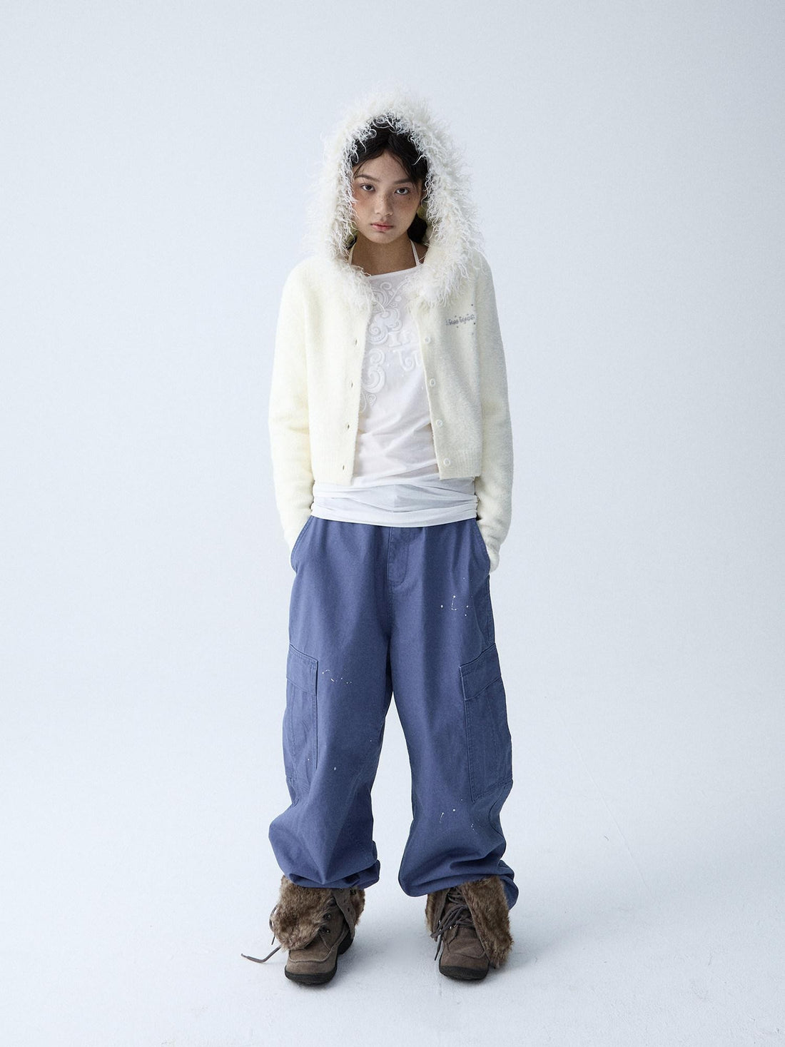 in two twos Soft Knitted Vintage Hooded Fur Collar Women&
