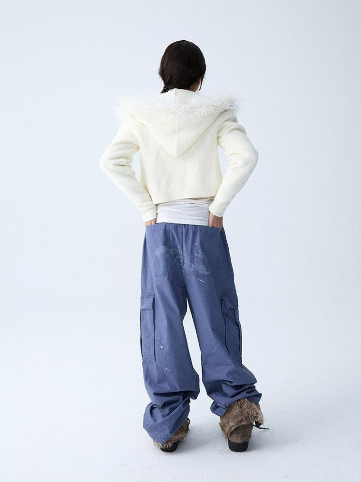 in two twos Soft Knitted Vintage Hooded Fur Collar Women&