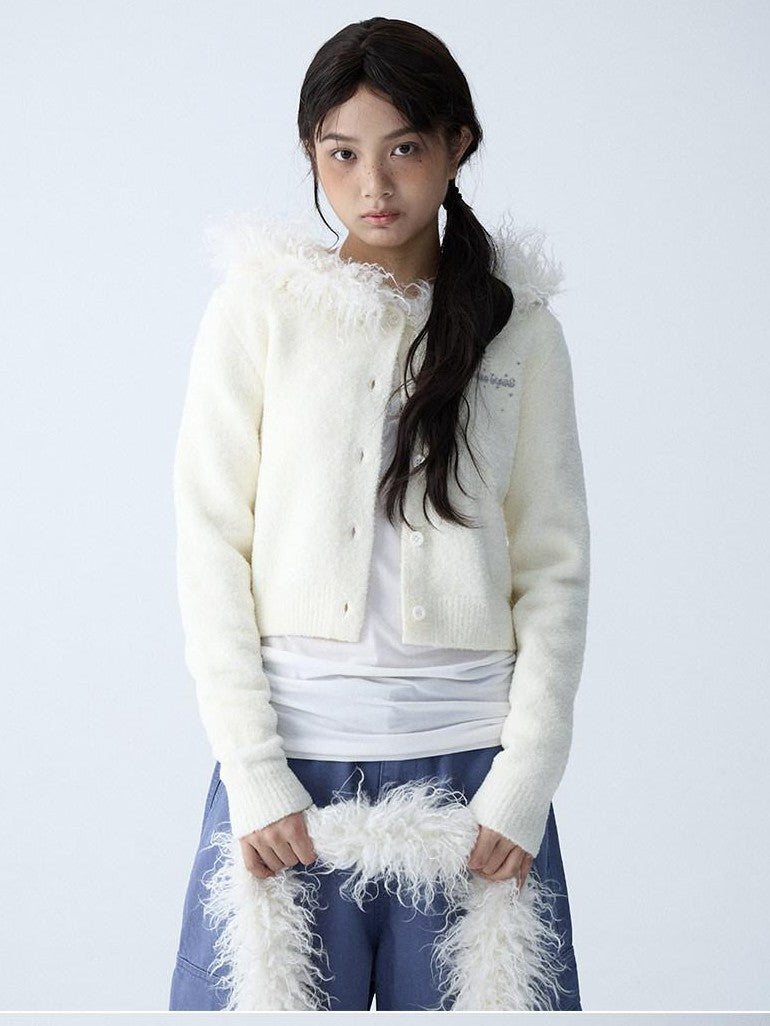 in two twos Soft Knitted Vintage Hooded Fur Collar Women&
