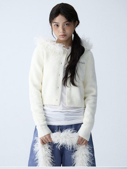 in two twos Soft Knitted Vintage Hooded Fur Collar Women&