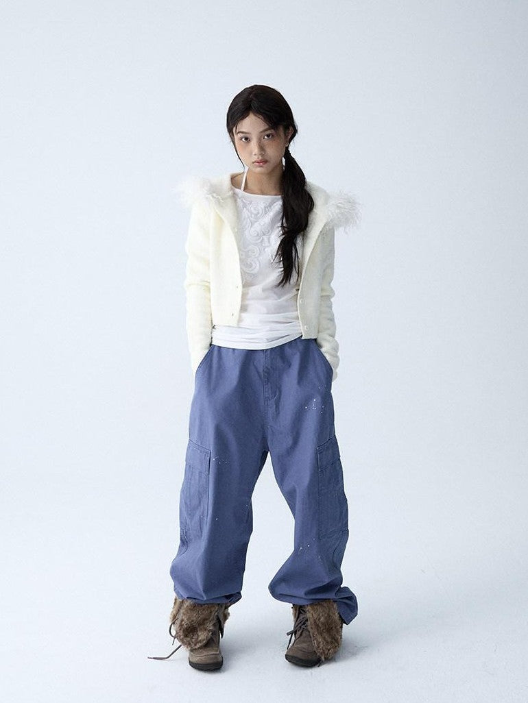 in two twos Soft Knitted Vintage Hooded Fur Collar Women&