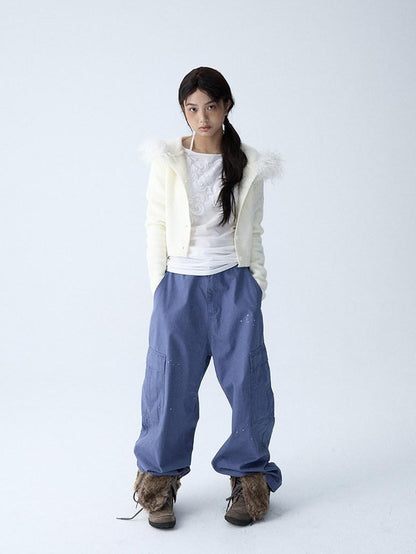 in two twos Soft Knitted Vintage Hooded Fur Collar Women&