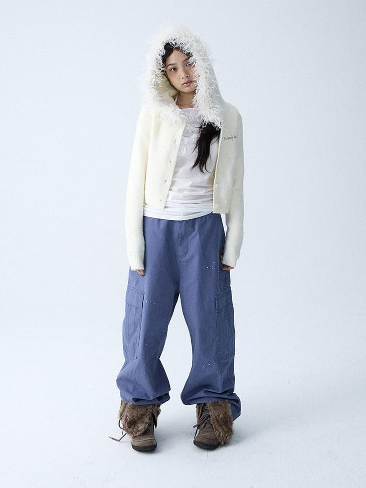 in two twos Soft Knitted Vintage Hooded Fur Collar Women&