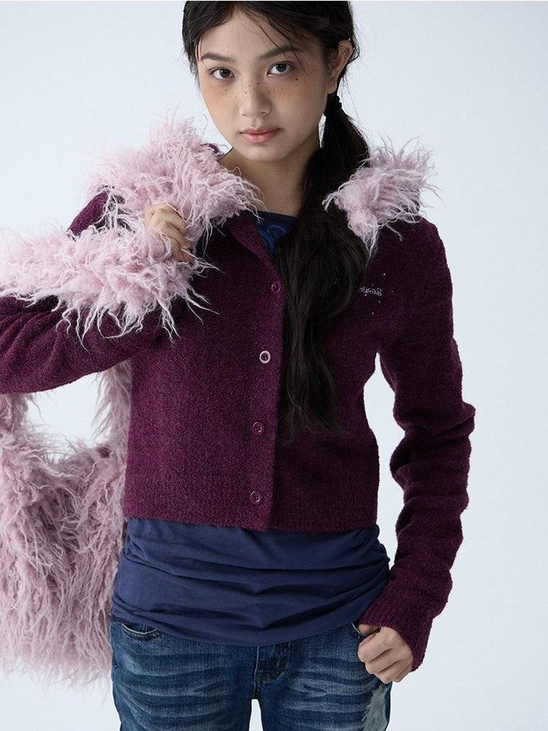 in two twos Soft Knitted Vintage Hooded Fur Collar Women&
