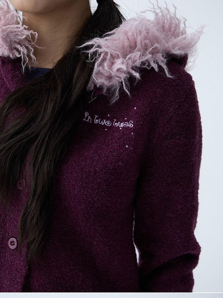 in two twos Soft Knitted Vintage Hooded Fur Collar Women&