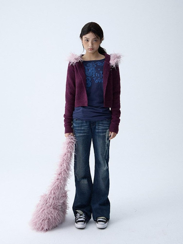 in two twos Soft Knitted Vintage Hooded Fur Collar Women&