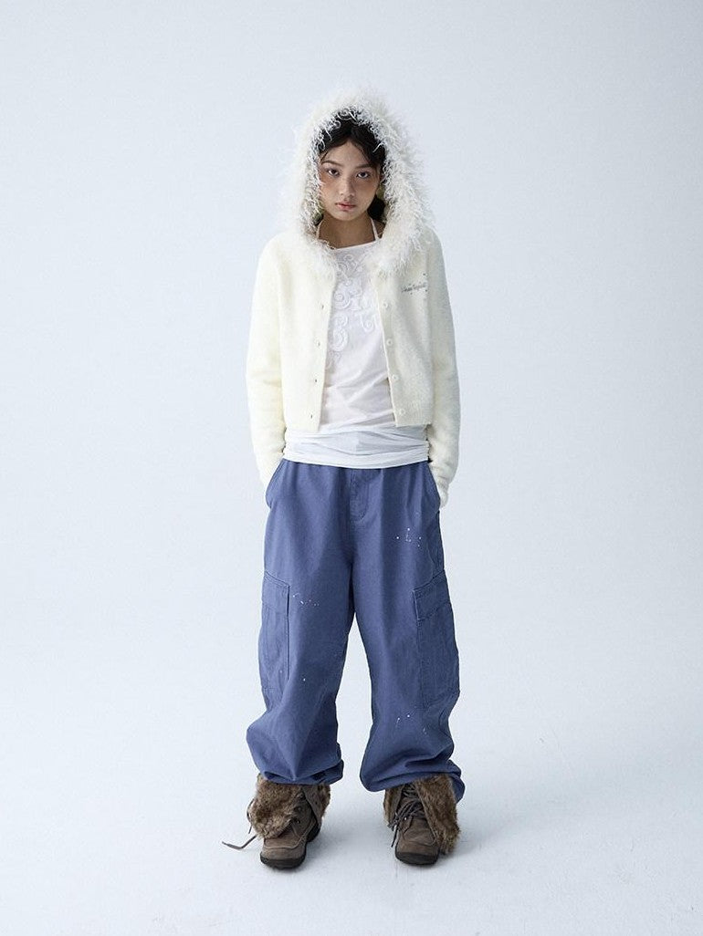 in two twos Soft Knitted Vintage Hooded Fur Collar Women&
