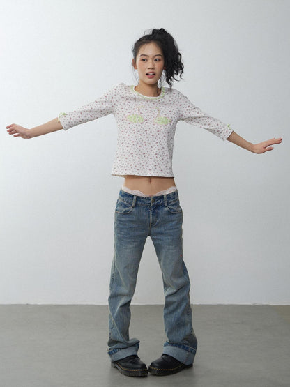 in two twos Swan Lace Applique Floral Round Neck Women&