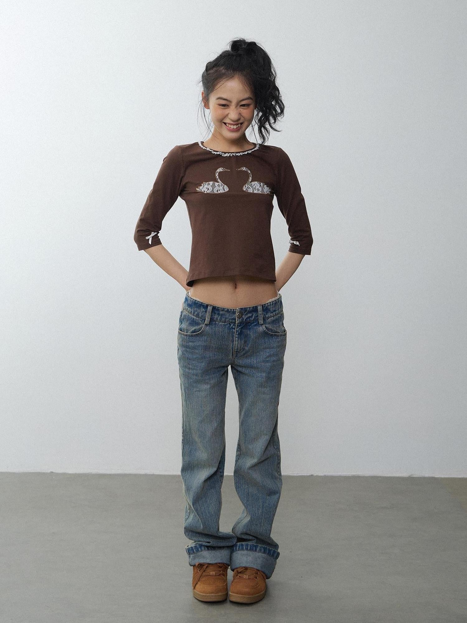 in two twos Swan Lace Applique Floral Round Neck Women&