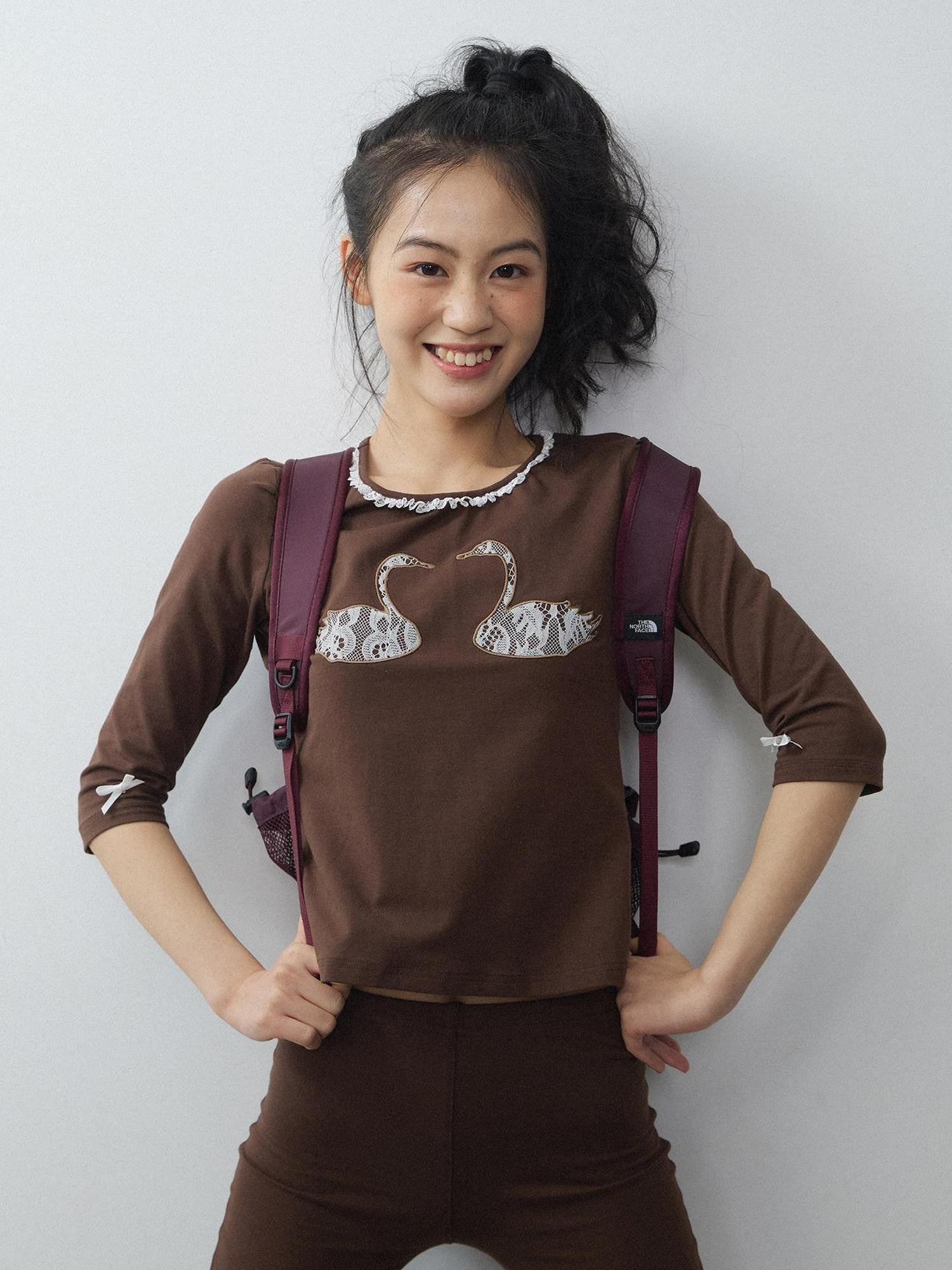 in two twos Swan Lace Applique Floral Round Neck Women&