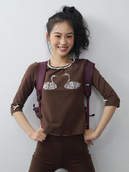 in two twos Swan Lace Applique Floral Round Neck Women&