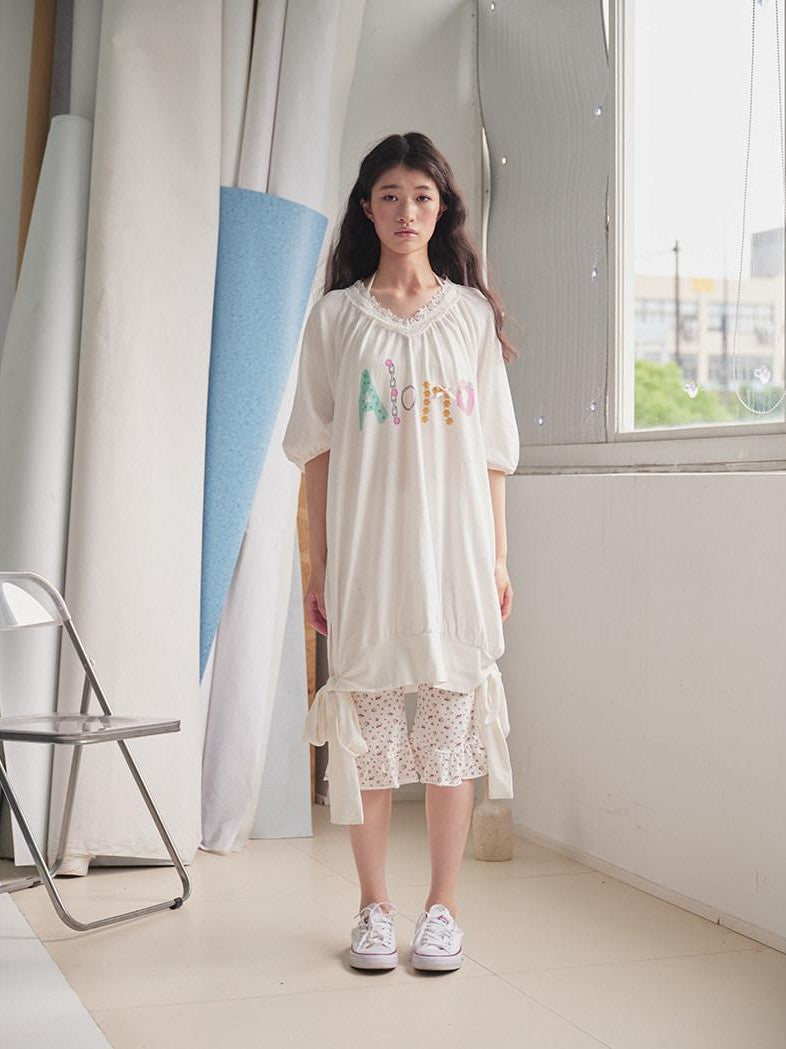 in two twos Vintage Lace V-neck Midlength Letter Print Women&