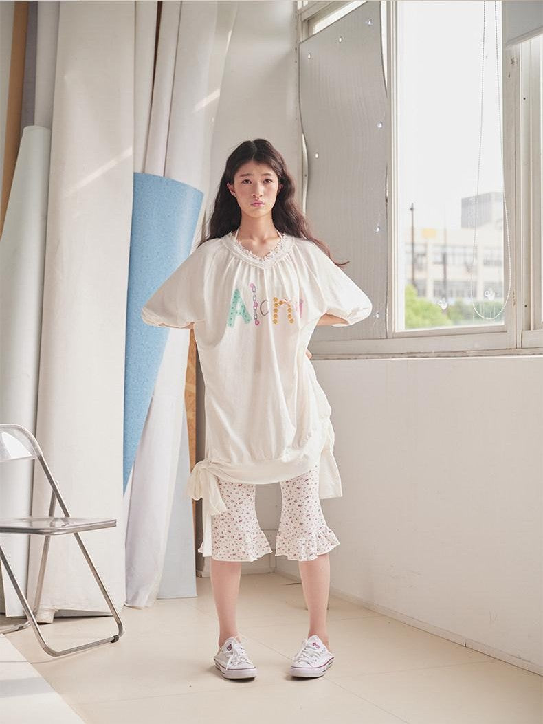 in two twos Vintage Lace V-neck Midlength Letter Print Women&