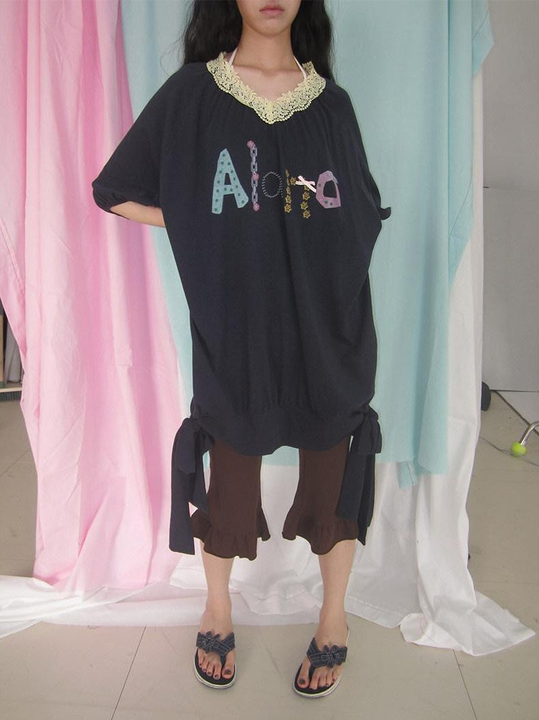 in two twos Vintage Lace V-neck Midlength Letter Print Women&