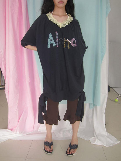 in two twos Vintage Lace V-neck Midlength Letter Print Women&