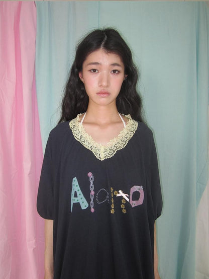 in two twos Vintage Lace V-neck Midlength Letter Print Women&