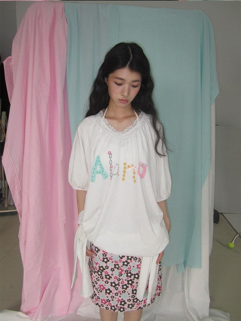 in two twos Vintage Lace V-neck Midlength Letter Print Women&