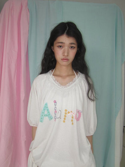 in two twos Vintage Lace V-neck Midlength Letter Print Women&