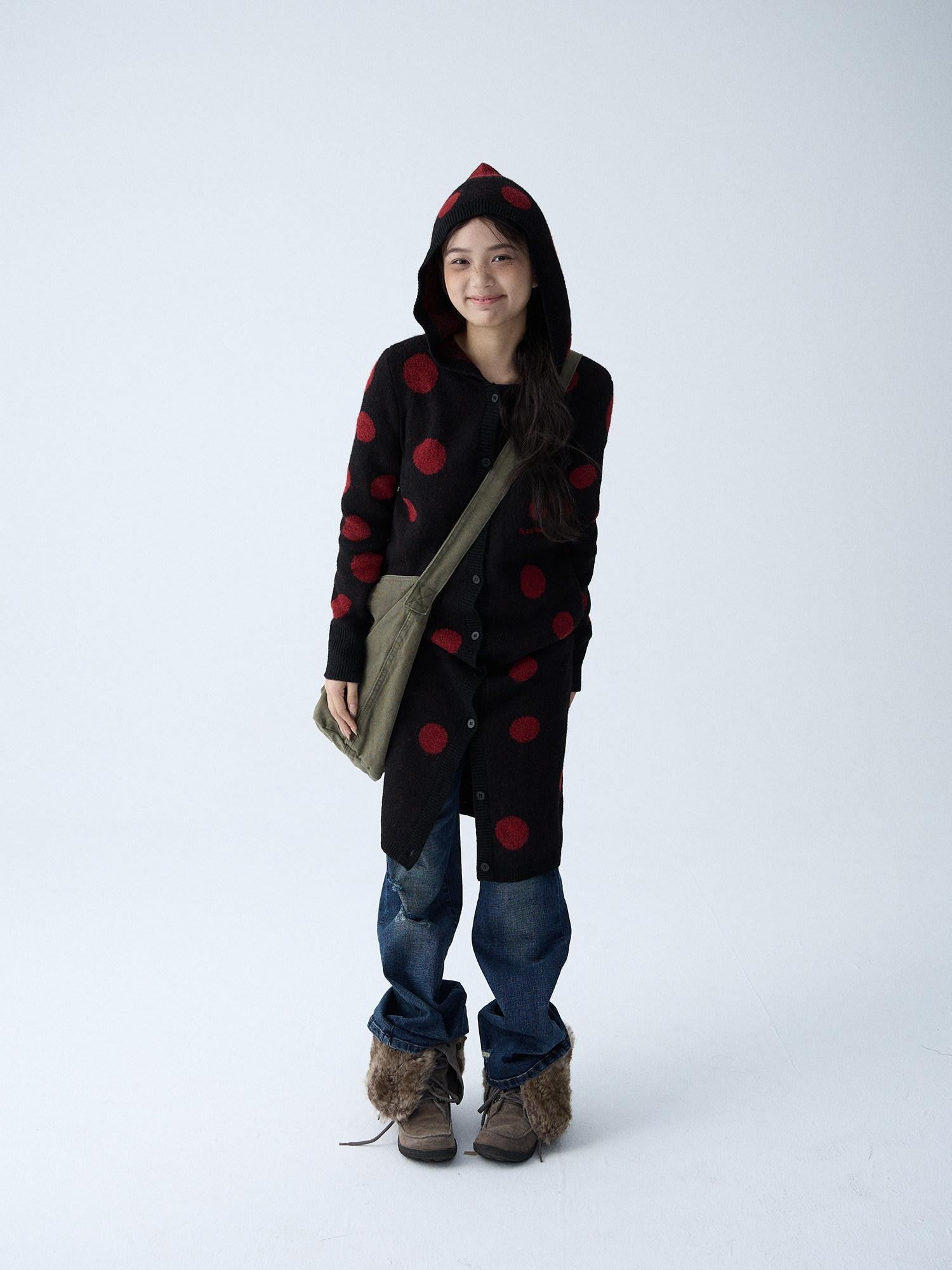 in two twos Vintage Polka Dot Long Knit Pocket Round Neck Women&