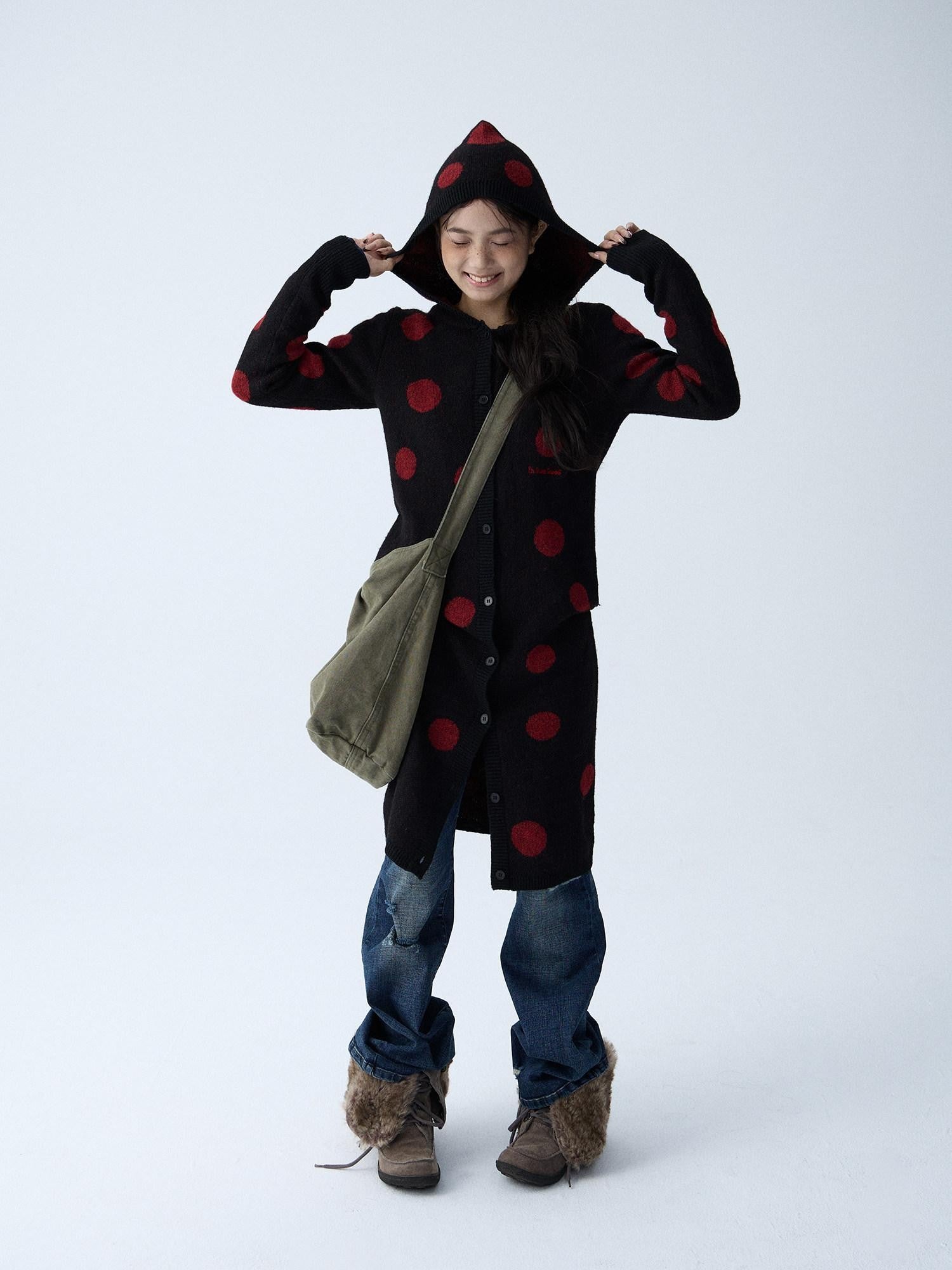 in two twos Vintage Polka Dot Long Knit Pocket Round Neck Women&