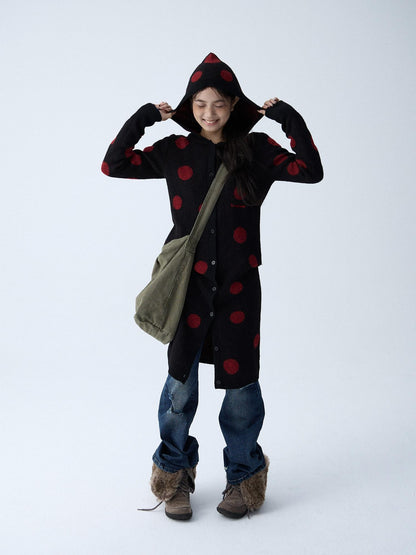 in two twos Vintage Polka Dot Long Knit Pocket Round Neck Women&
