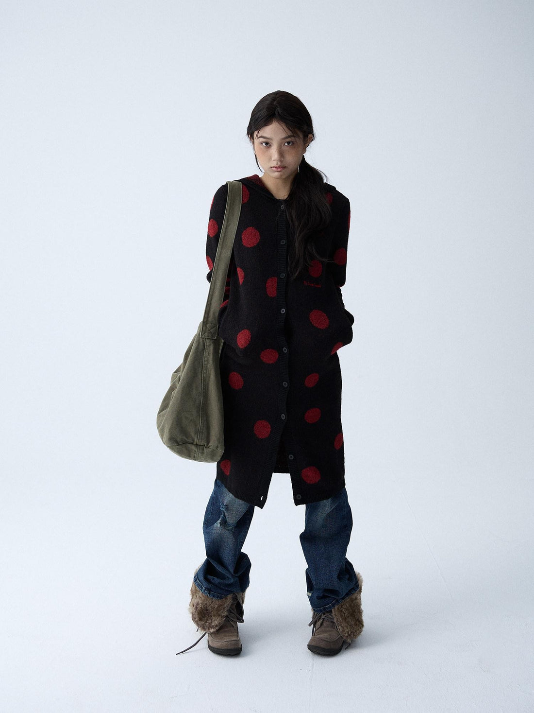 in two twos Vintage Polka Dot Long Knit Pocket Round Neck Women&