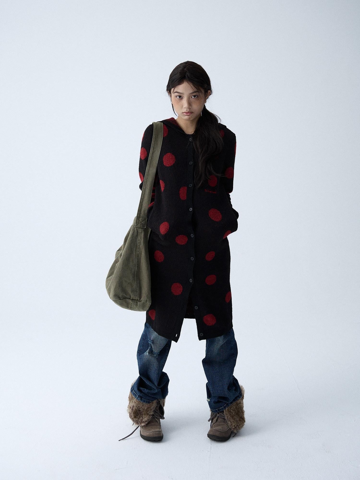 in two twos Vintage Polka Dot Long Knit Pocket Round Neck Women&