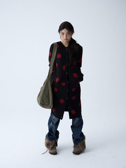 in two twos Vintage Polka Dot Long Knit Pocket Round Neck Women&