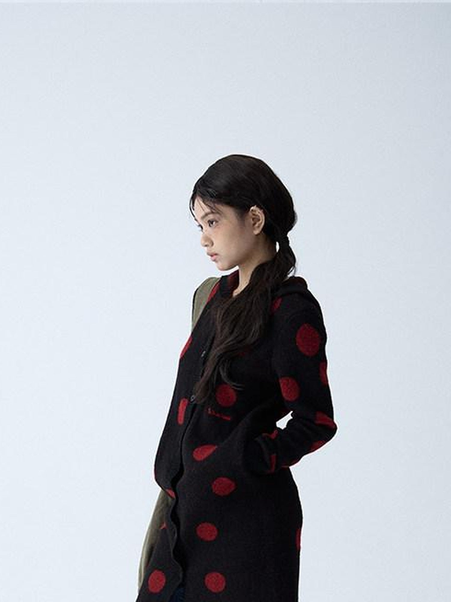 in two twos Vintage Polka Dot Long Knit Pocket Round Neck Women&