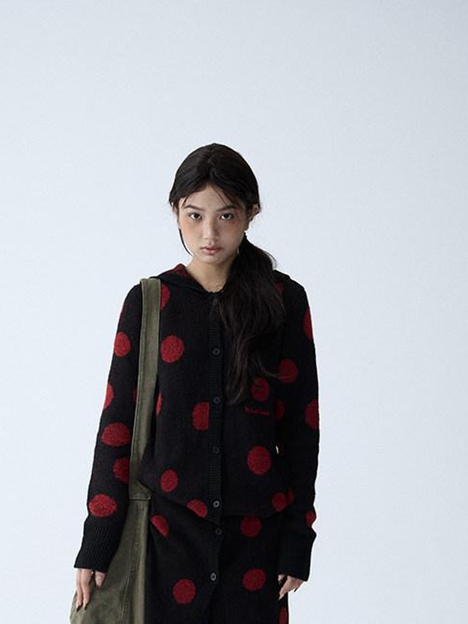 in two twos Vintage Polka Dot Long Knit Pocket Round Neck Women&