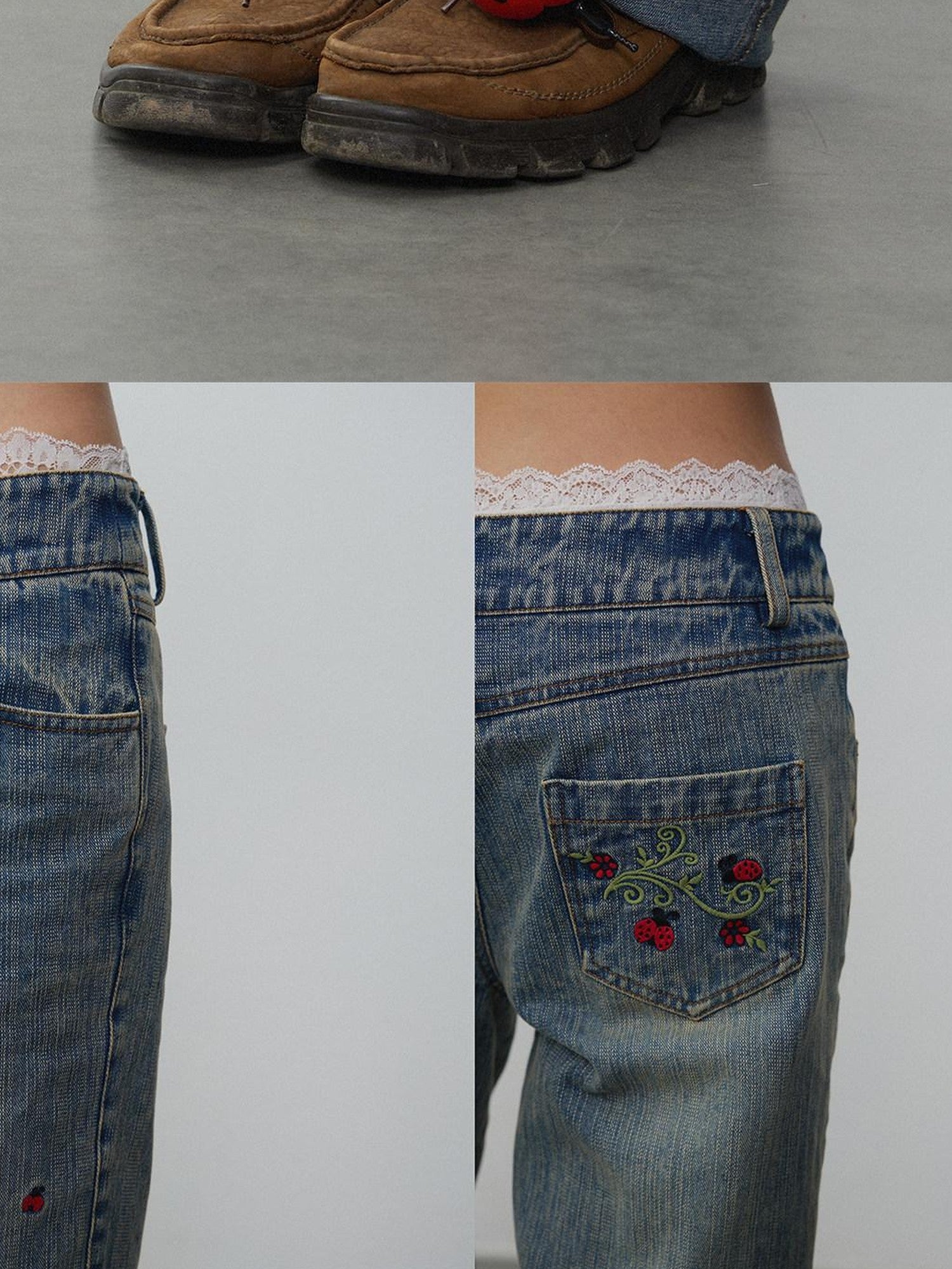in two twos Washed Distressed Beetle Embroidered Women&