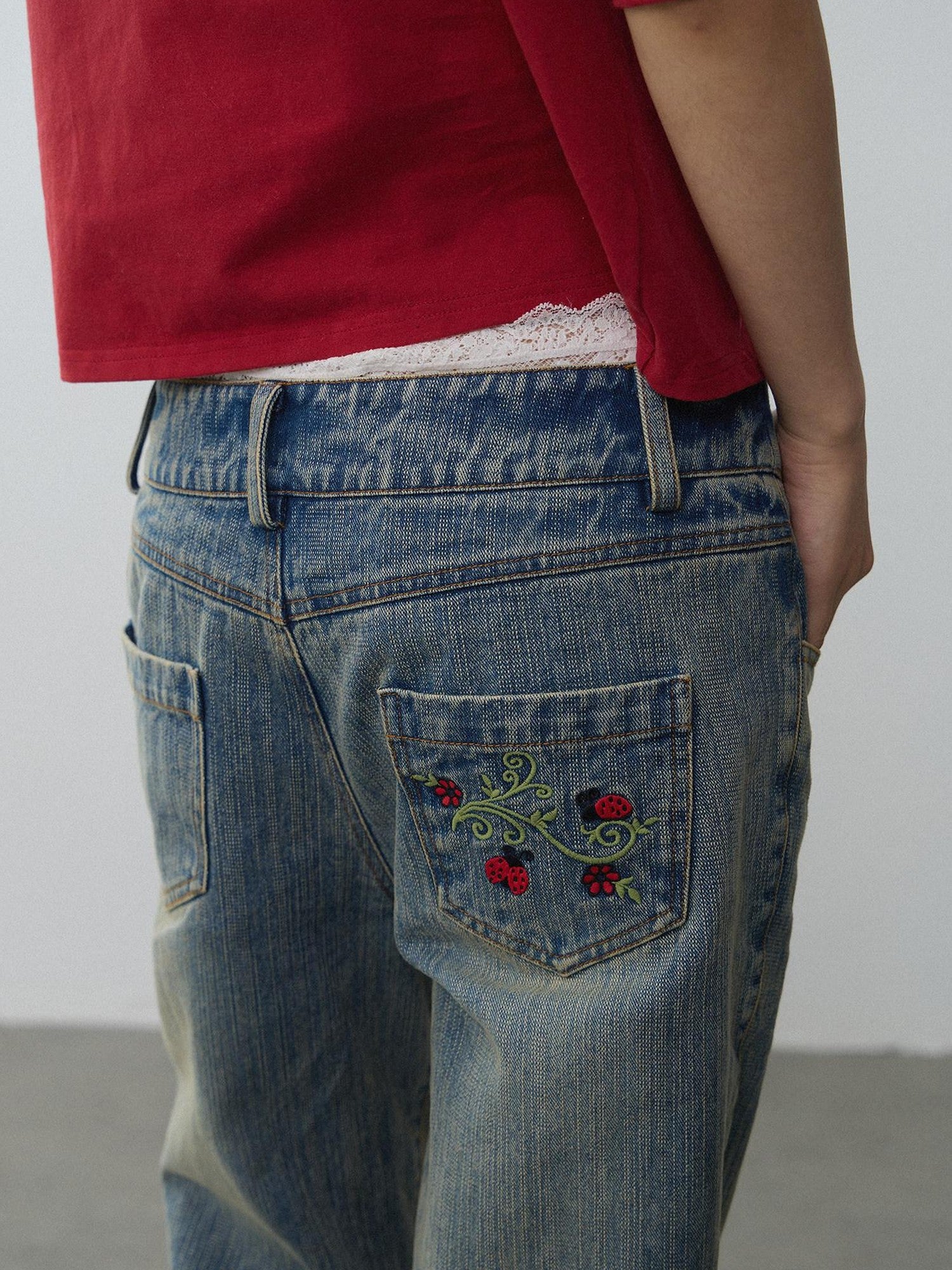in two twos Washed Distressed Beetle Embroidered Women&